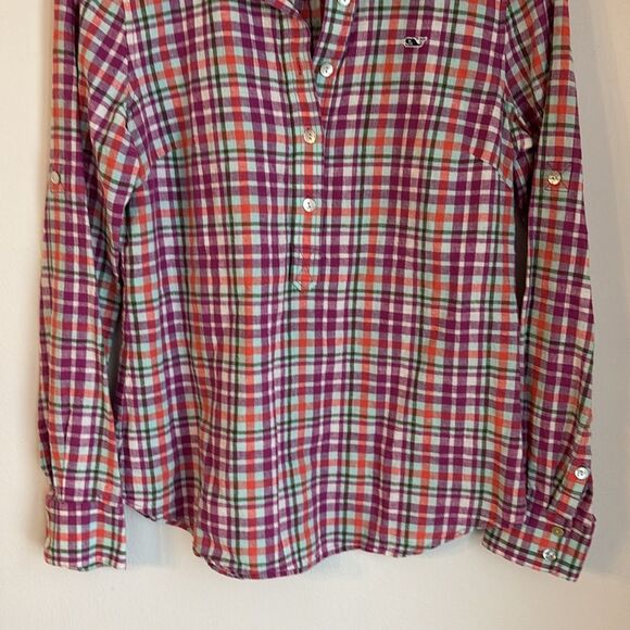 Vineyard Vines Women linen blend summer Plaid Button-Up Shirt work size 4 NWOT - Picture 3 of 9